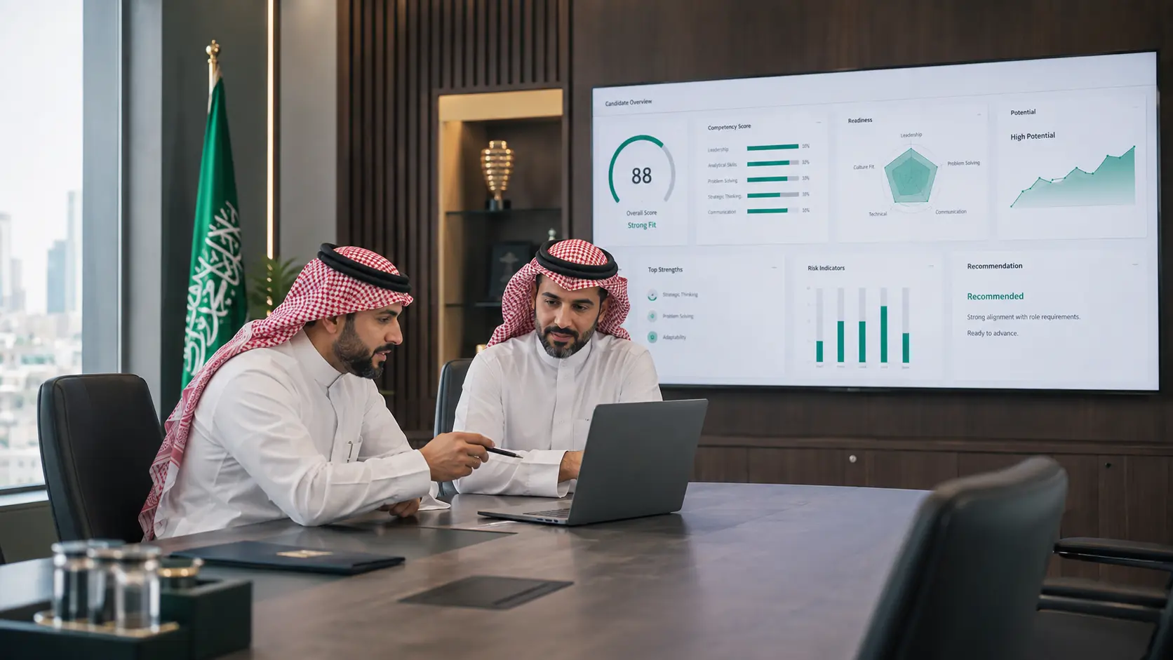 مستشارون سعوديون يراجعون نتائج تقييم وظيفي وبيانات الكفاءات