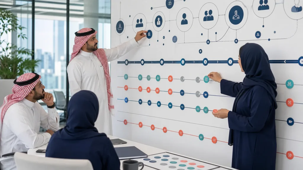 فريق يتعاون على خطة إدارة التغيير والتواصل الداخلي