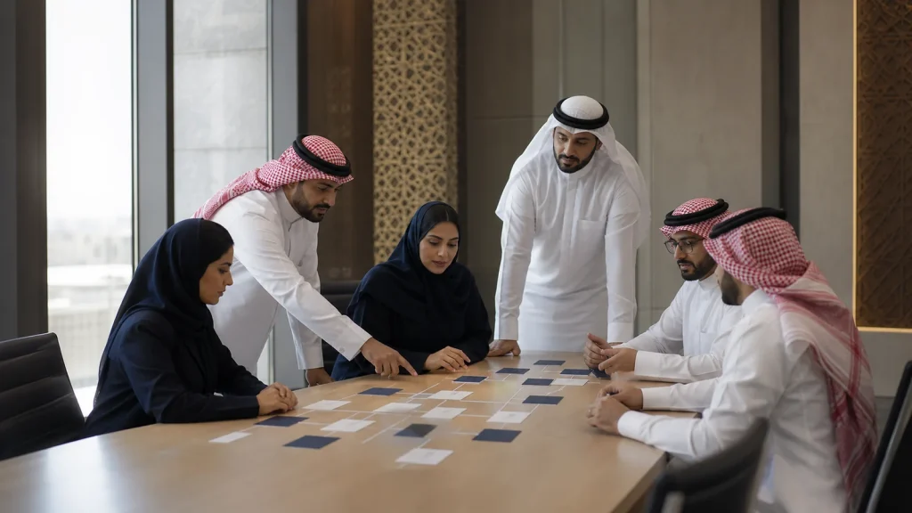فريق قيادة يراجع نموذج الهيكل التنظيمي وخطة التطوير المؤسسي